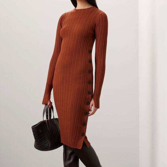 Adam Lippes Brown Ribbed Knit Midi Dress MEDIUM Button Long Sleeve Designer $320 - Picture 1 of 11